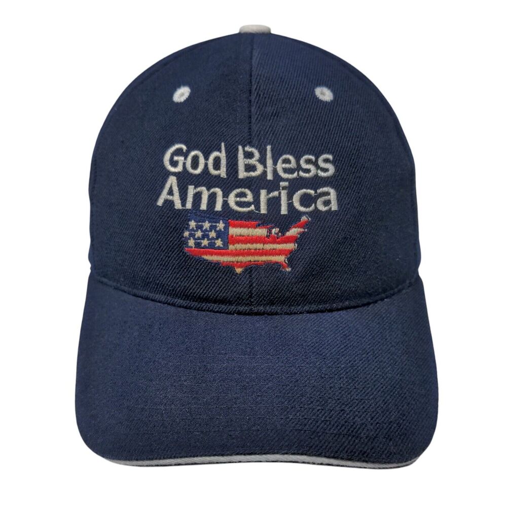 God Bless America Strapback Hat Blue OSFA Adjustable Embroidered Patriotic CAP
